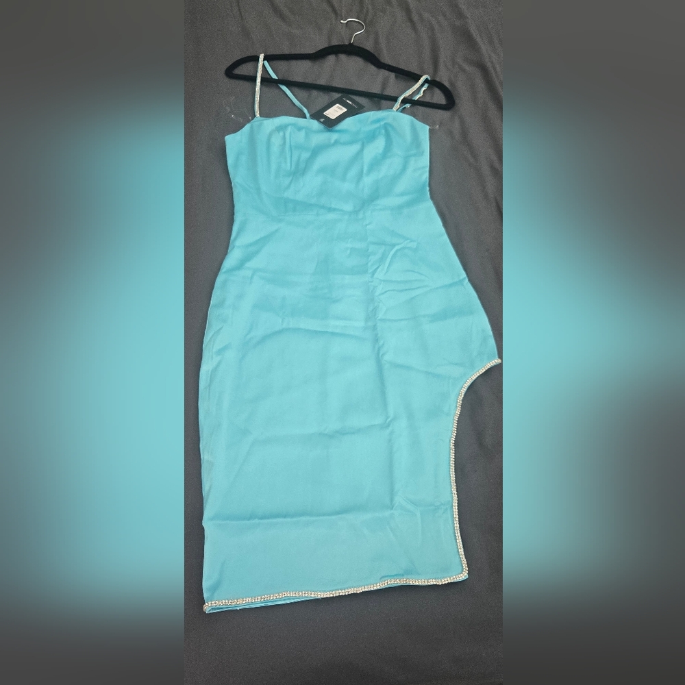 Blue Asymmetrical Sheath Dress Spaghetti Strap